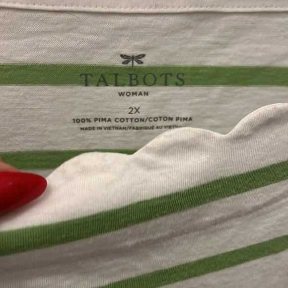 Two 2 Scalloped Neck Tee Shirts 100% Pima Cotton Size 2X White NWT Striped Green - Picture 3 of 12